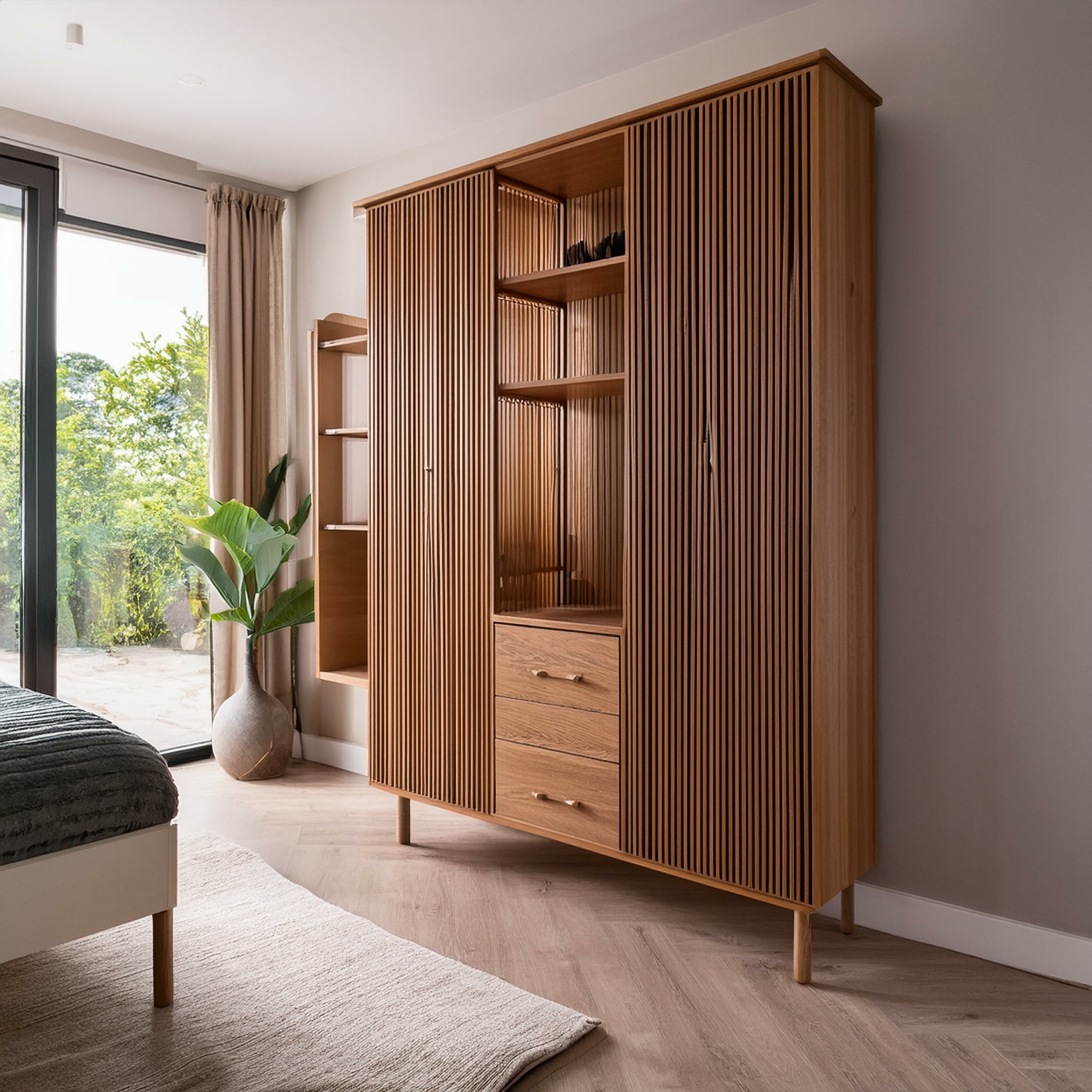 Modern brown wood bedroom closet
