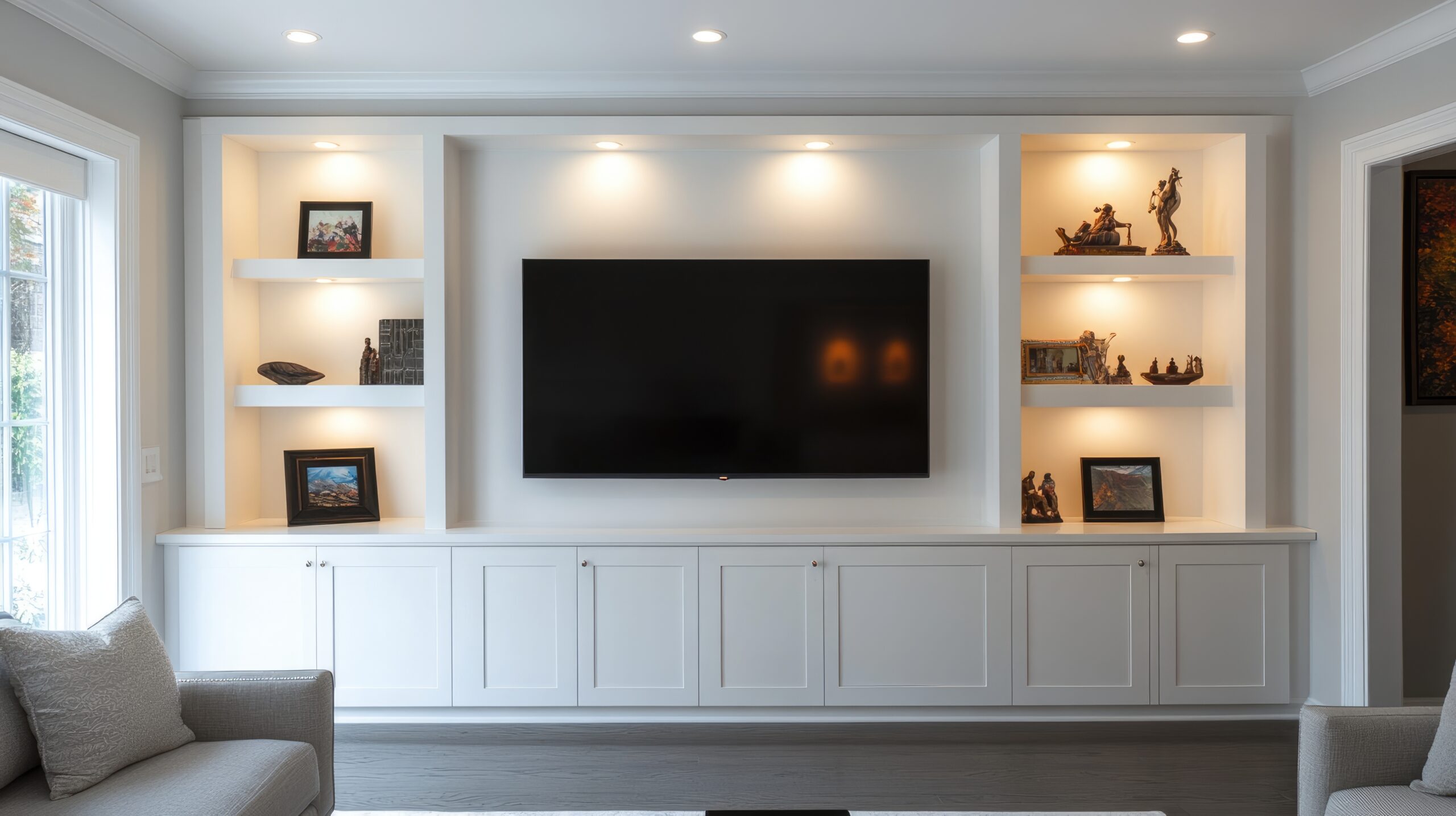 A modern, minimalist home media wall in white,